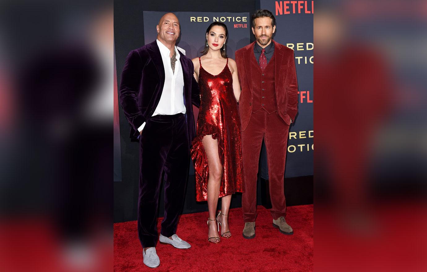 gal gadot ryan reynolds dwayne johnson attend the premiere of red notice