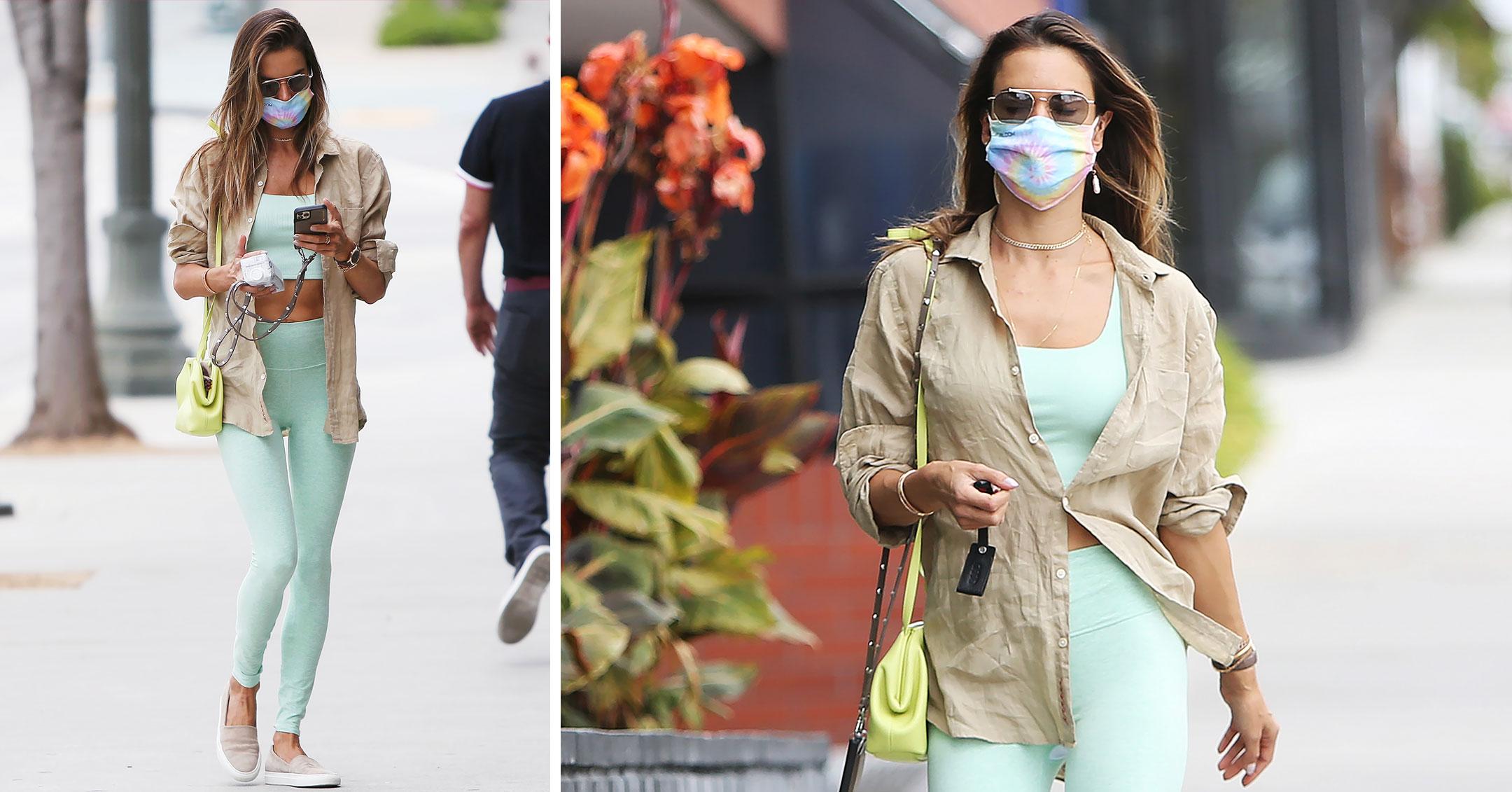 Alessandra Ambrosio looks fit as ever in beige leggings and tie-dye tee  while attending a