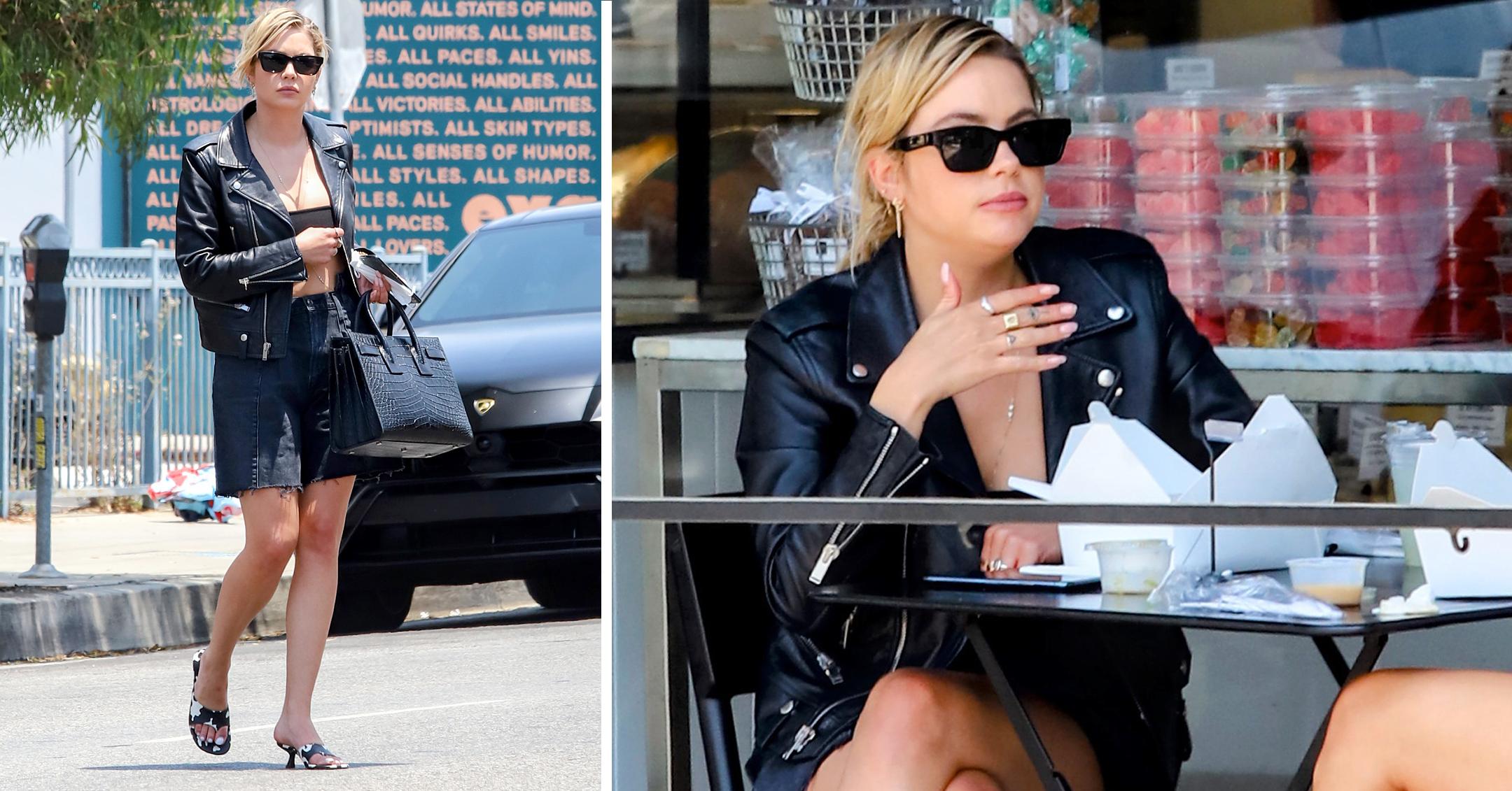 ashley benson goes to lunch in biker jacket