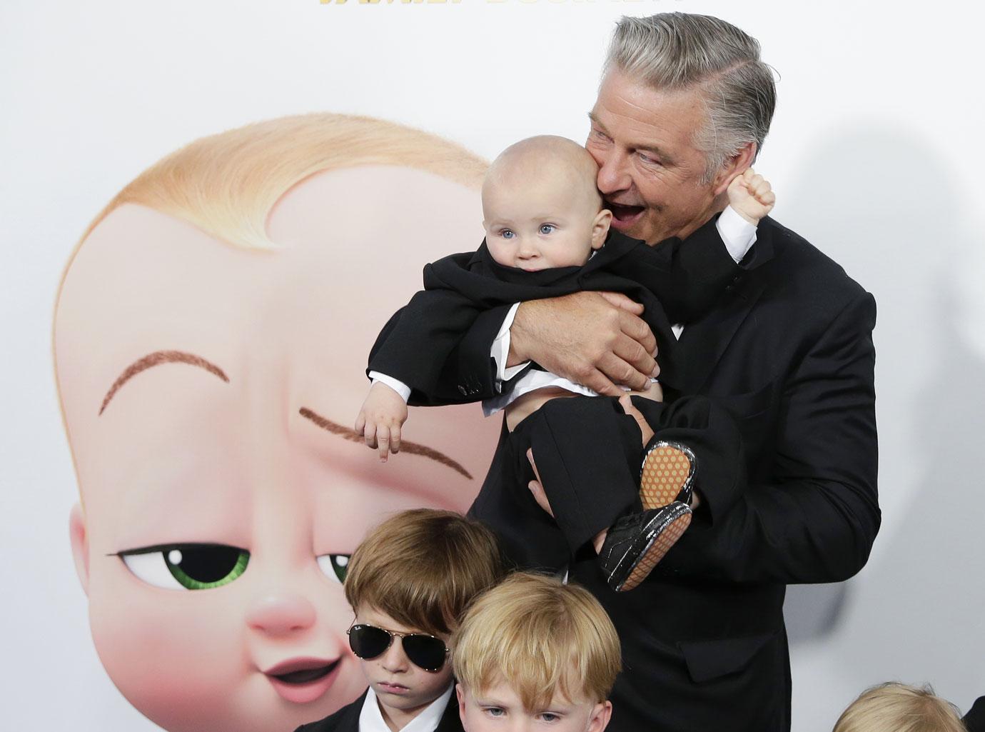 hilaria and alec bladwin and family at the boss baby premiere