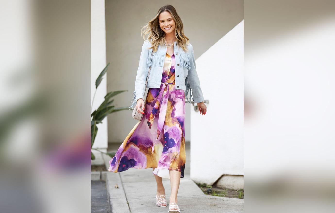 meghan king looks summer ready in a robert graham dress and suede fringe jacket and chinese laundry sandals as she leaves a meeting in los angeles