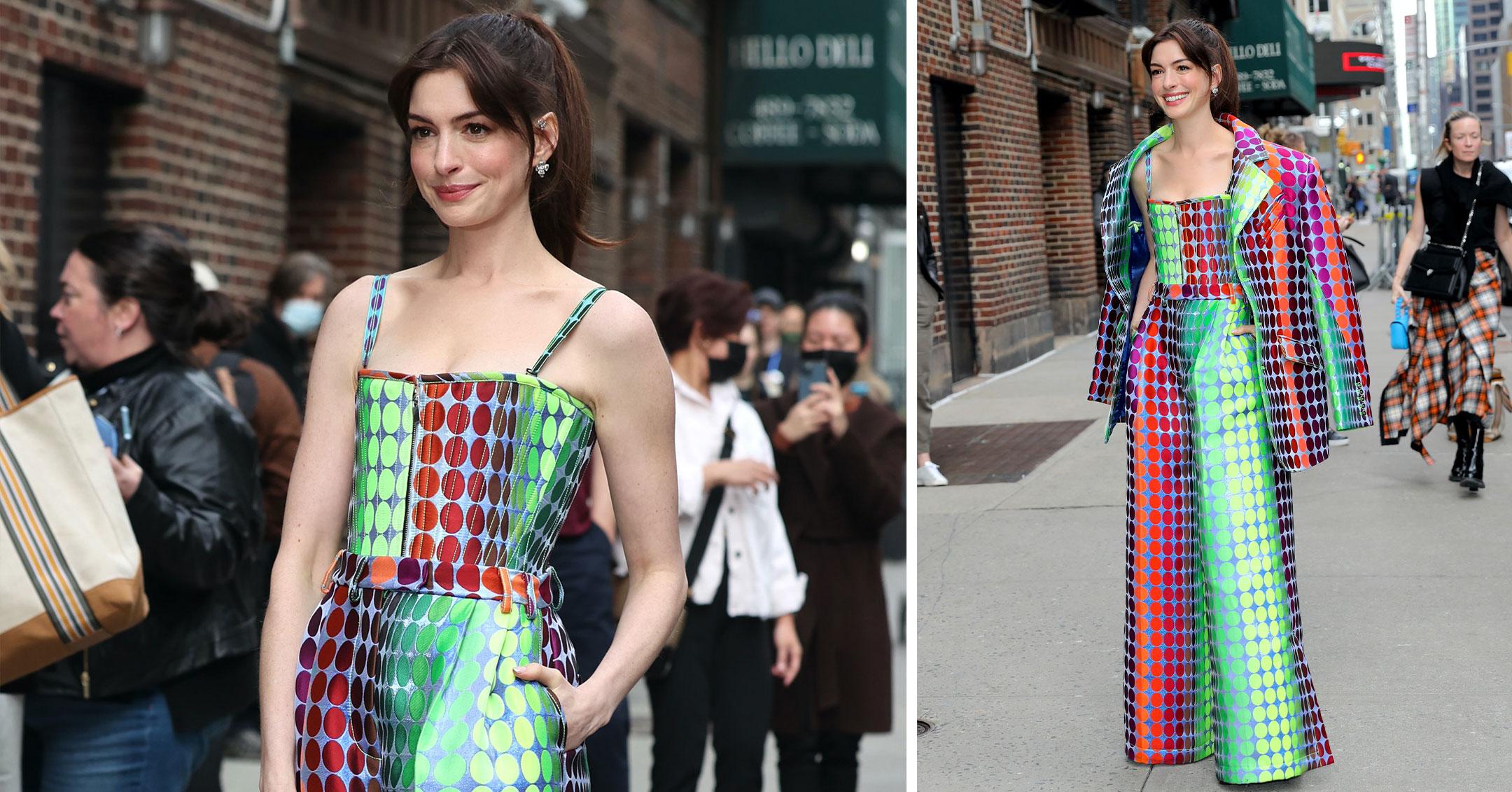 anne hathaway arrives to late show with stephen colbert pp