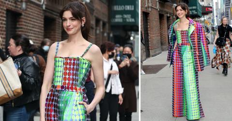 anne hathaway arrives to late show with stephen colbert pp