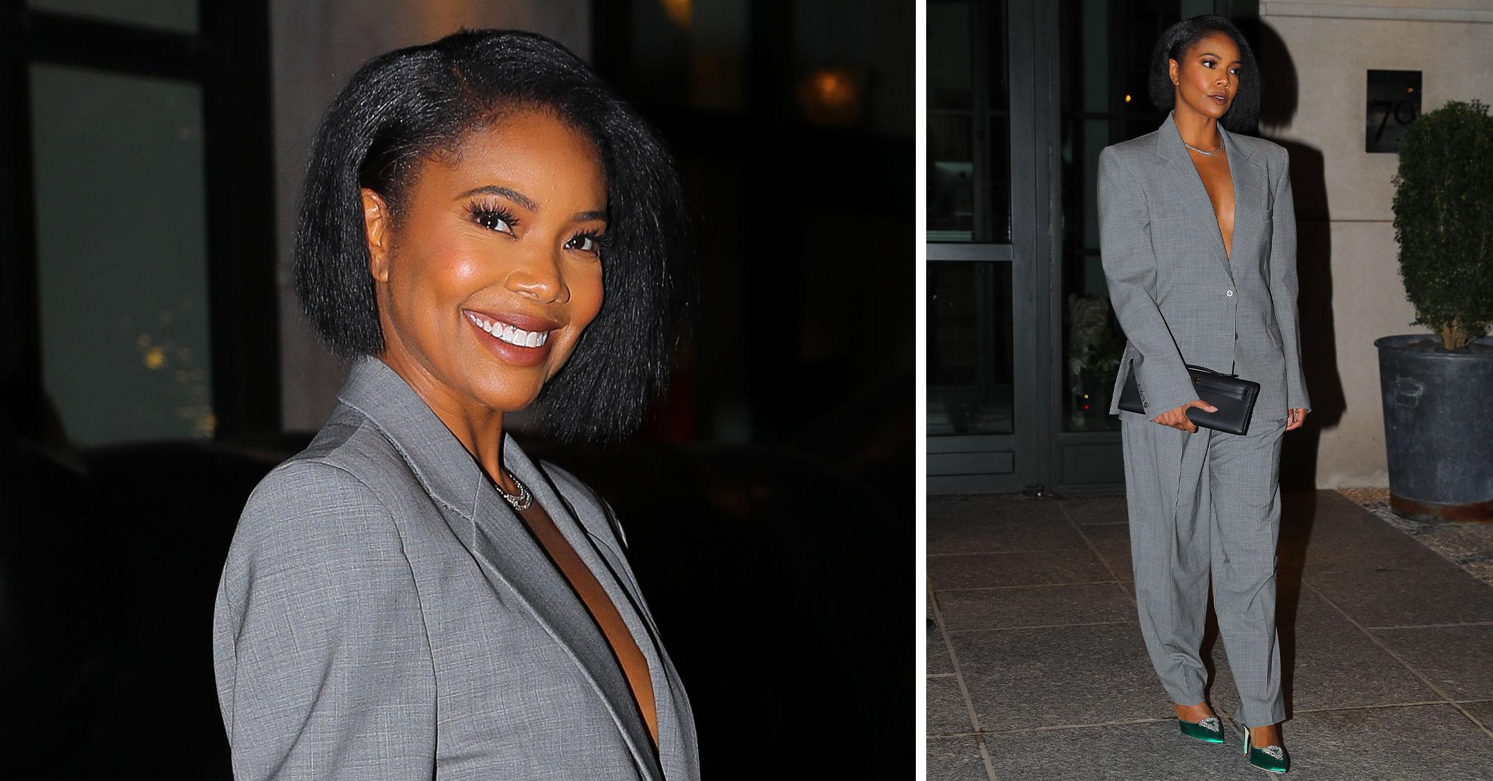 gabrielle union looks radiant in a grey pantsuit pp