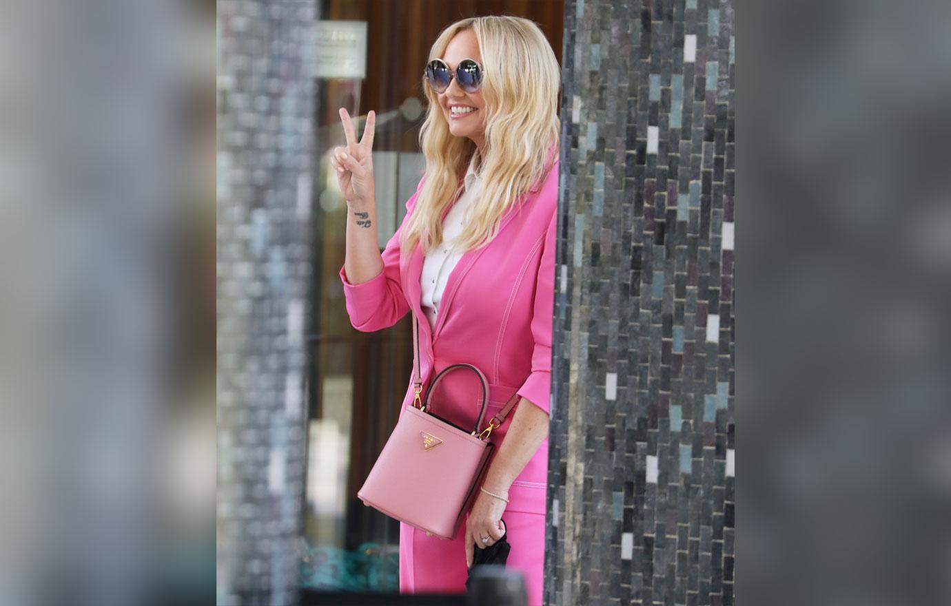 emma bunton at itv studios pink suit