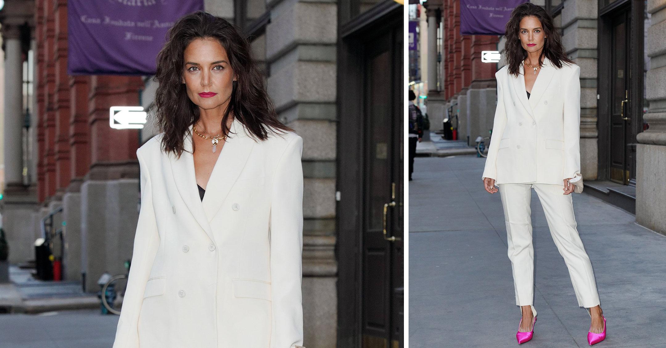 katie holmes wears all white when coming out of her apartment pp