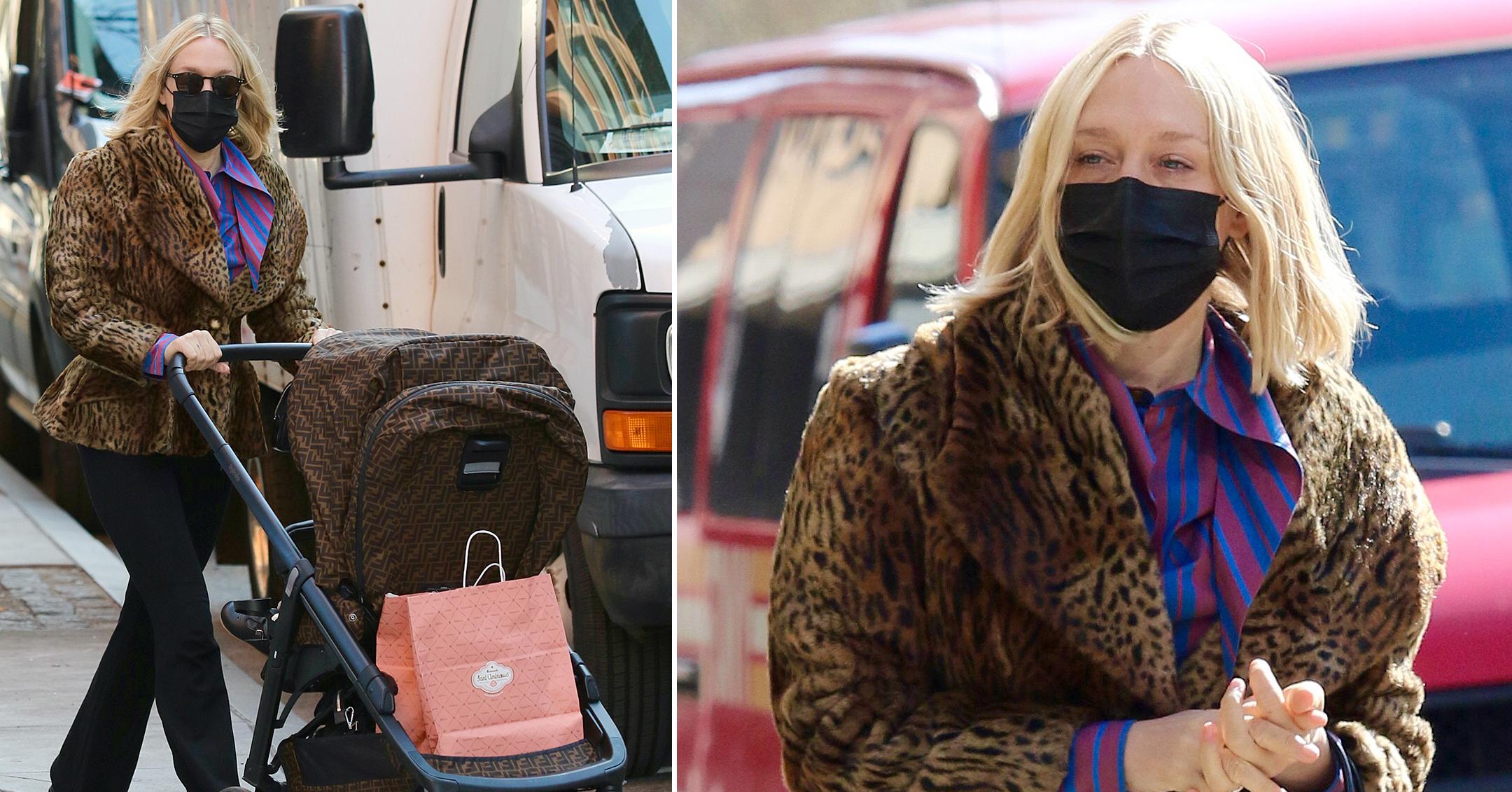 chloe sevigny out in leopard coat and fendi stroller