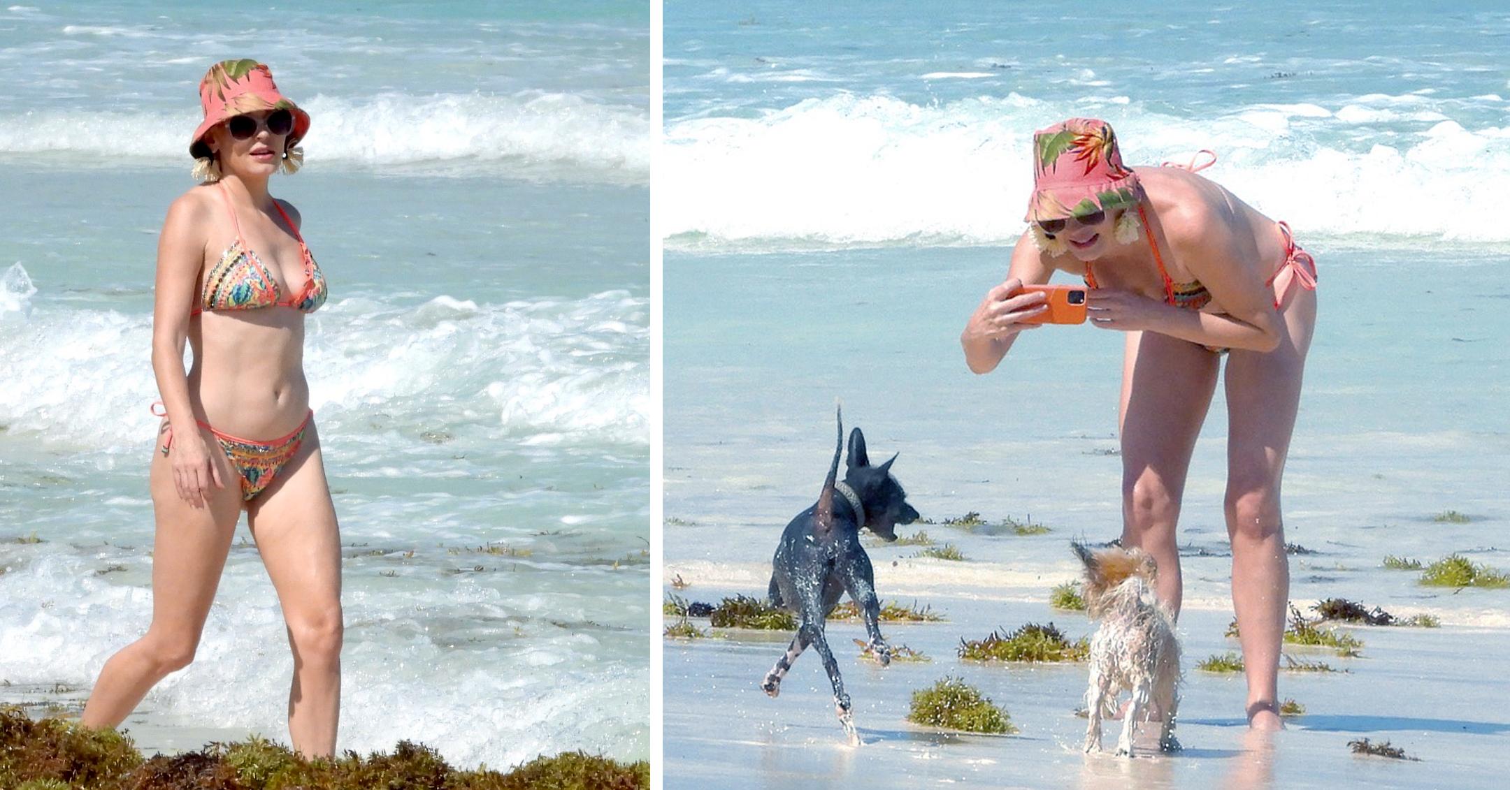 rose mcgowan in bikini and sun hat hits beach in mexico