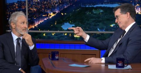 Jon Stewart takes on CBS with Stephen Colbet in his final show.