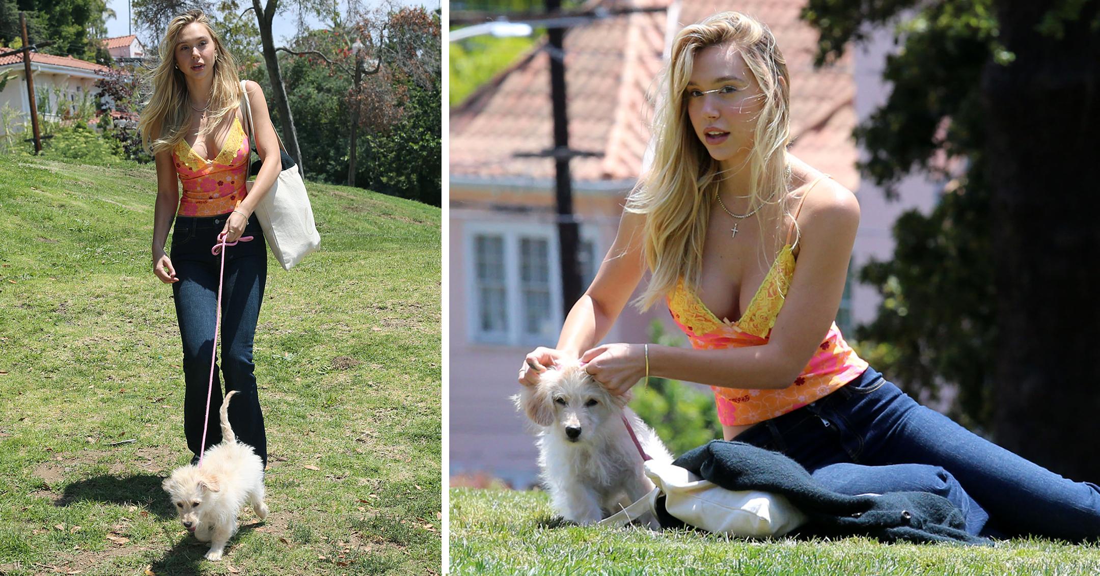 alexis ren in the park with her dog angel