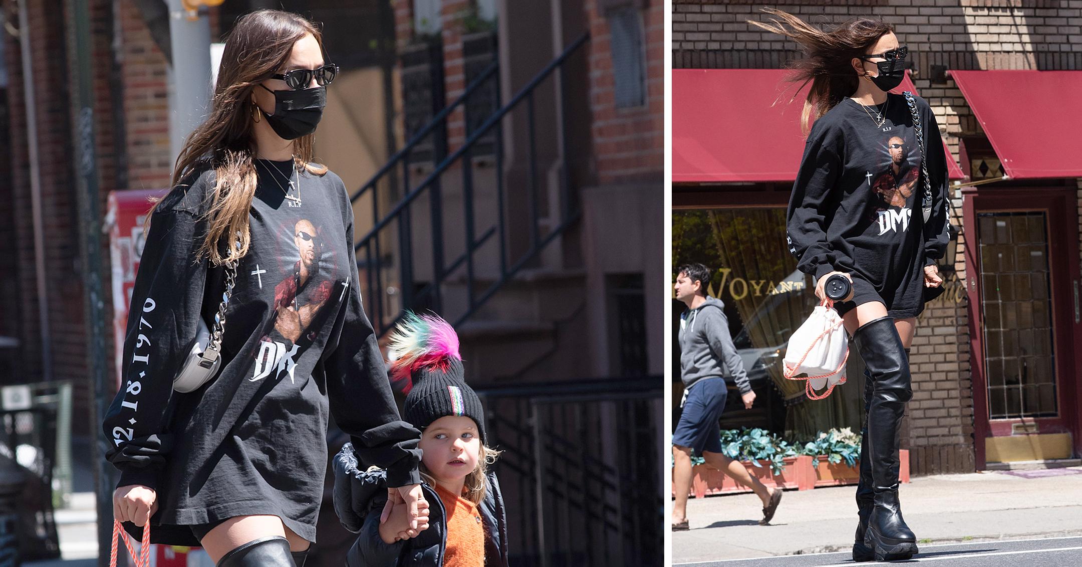 irina shayk wears high boots and dmx t shirt in tribeca