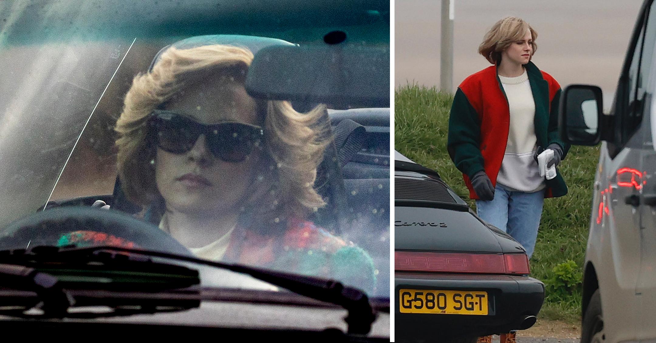 kristen stewart in character as princess diana on the set of new film