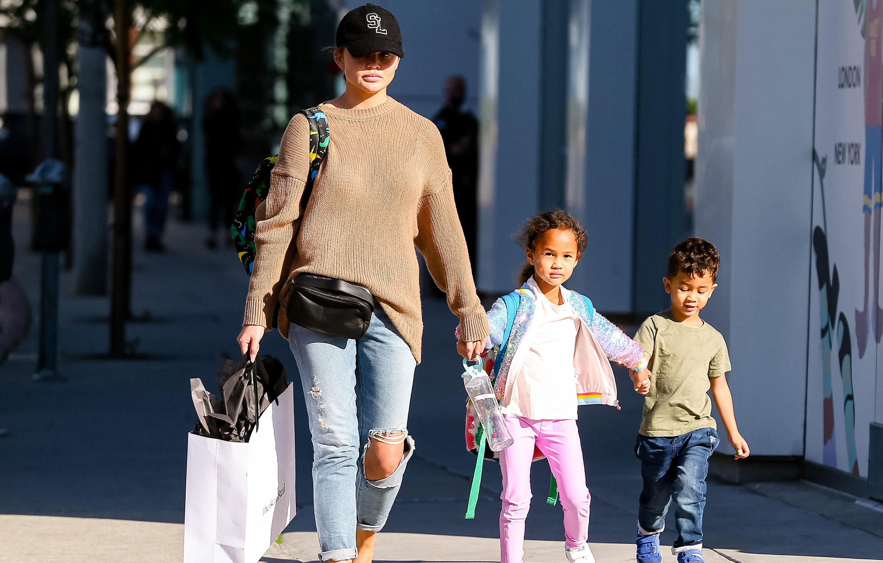 chrissy teigen with daughter luna and son miles runs errands in west hollywood