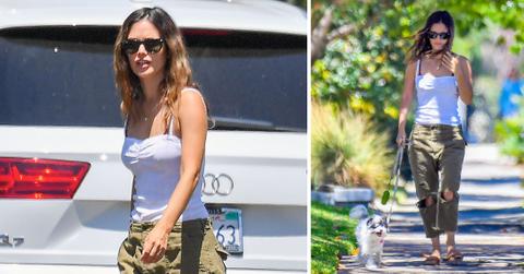 rachel bilson walking dog cargo pants white tank top mh