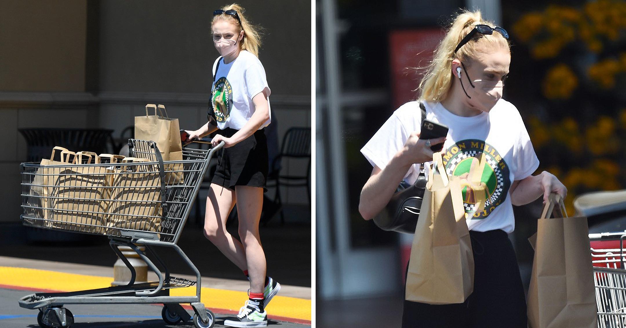 sophie turner shows off her funky style while shopping for groceries mh