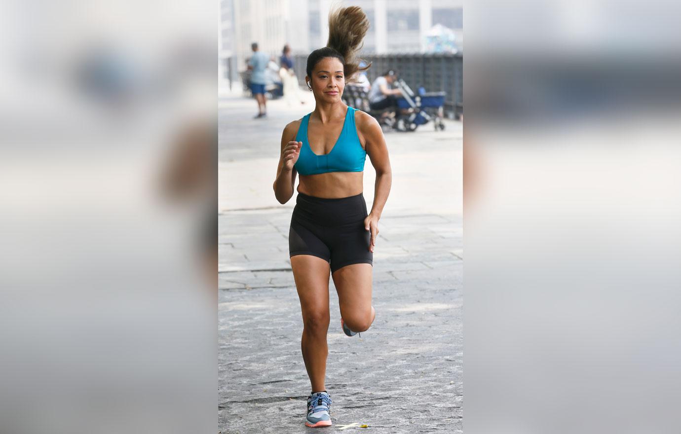 gina rodriguez seen filming a jogging scene with tom ellis for