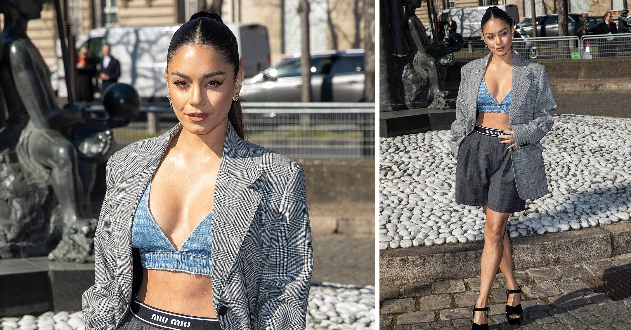 Vanessa Hudgens' Plunging Crop Top & Baggy Shorts Miu Miu Show