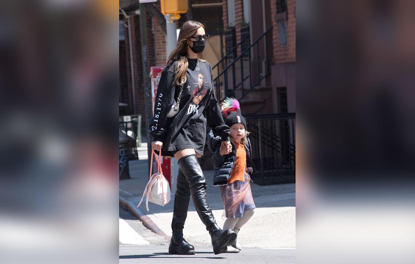 irina shayk wears high boots and dmx t shirt in tribeca