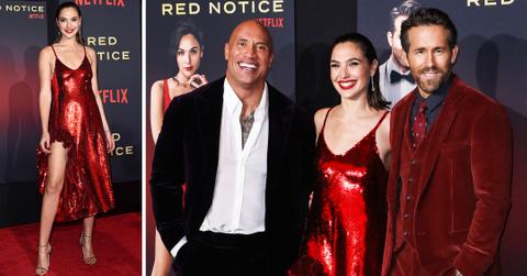 gal gadot ryan reynolds dwayne johnson attend the premiere of red notice