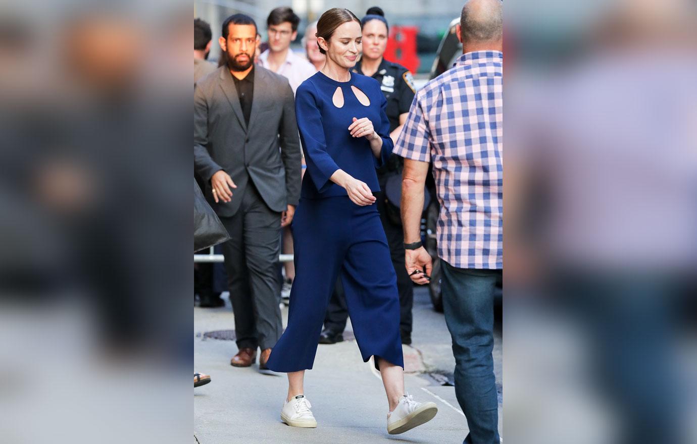 emily blunt seen leaving the late show with stephen colbert in nyc