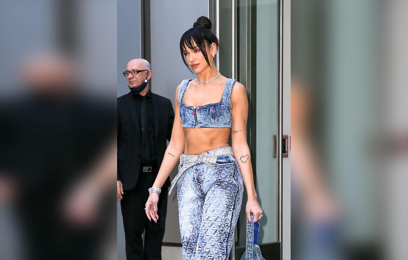 dua lipa wore a denim as heading to jimmy fallon in nyc