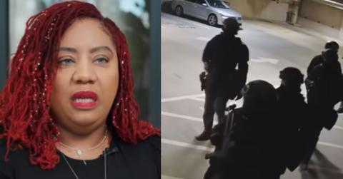 Law enforcement agents raid Cathy George's home.