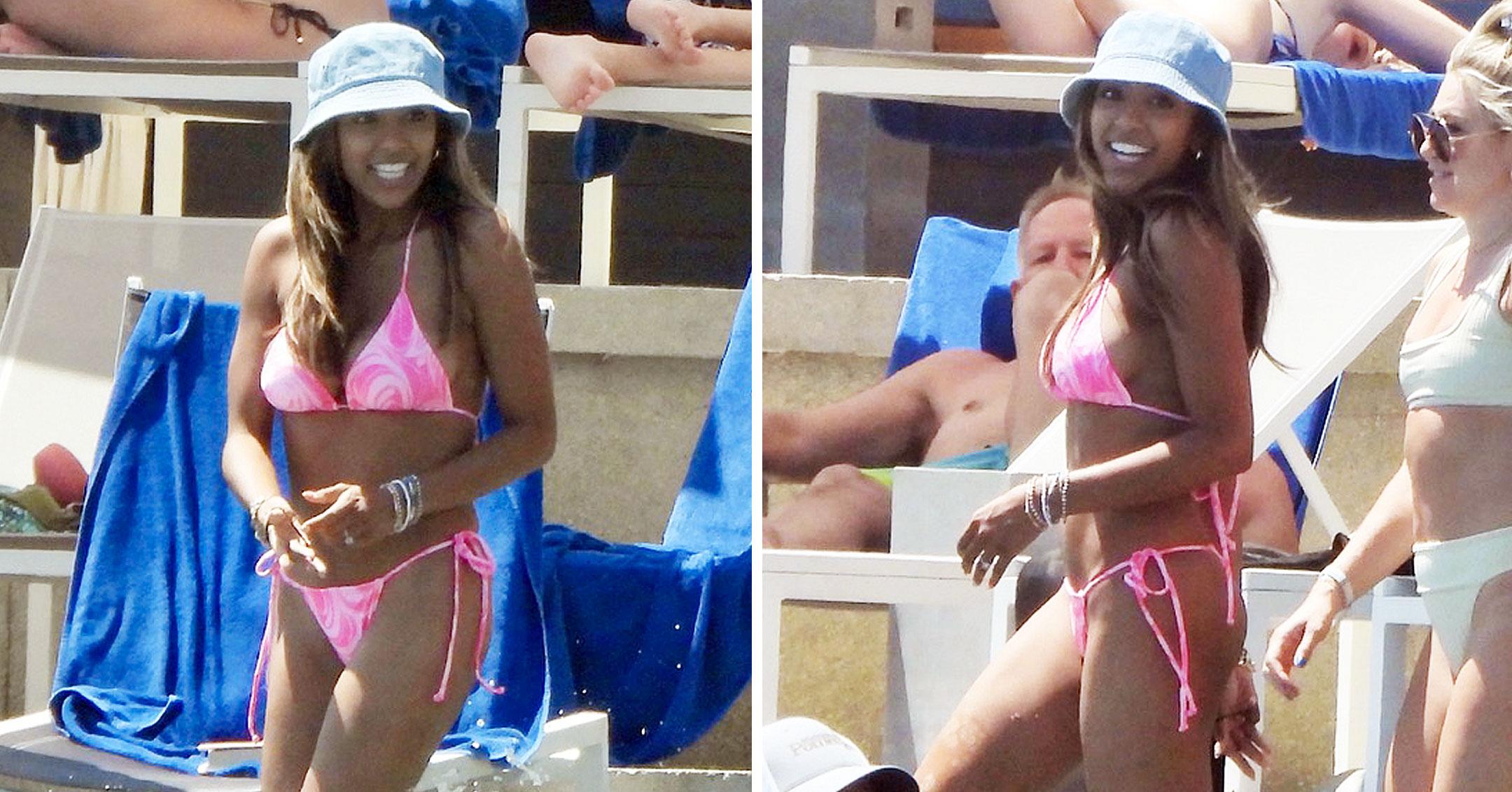 tayshia adams pink bikini bucket hat cabo san lucas mh