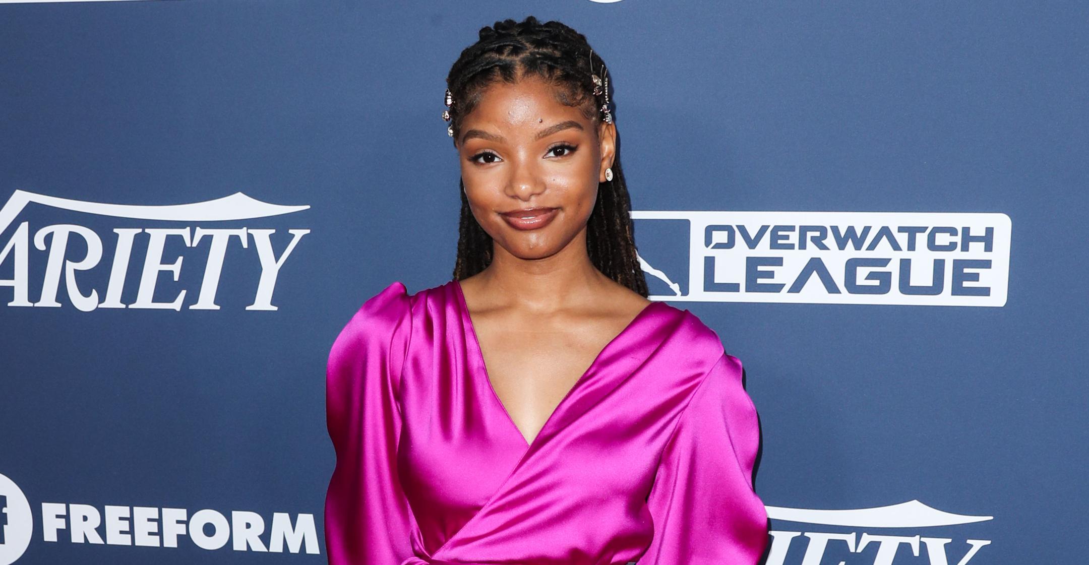 halle bailey strikes pose in water finished filming live action remake the little mermaid