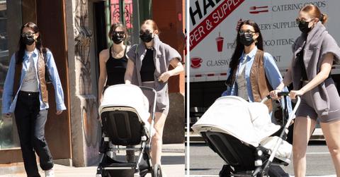 gigi hadid and bella hadid take baby khai for a walk