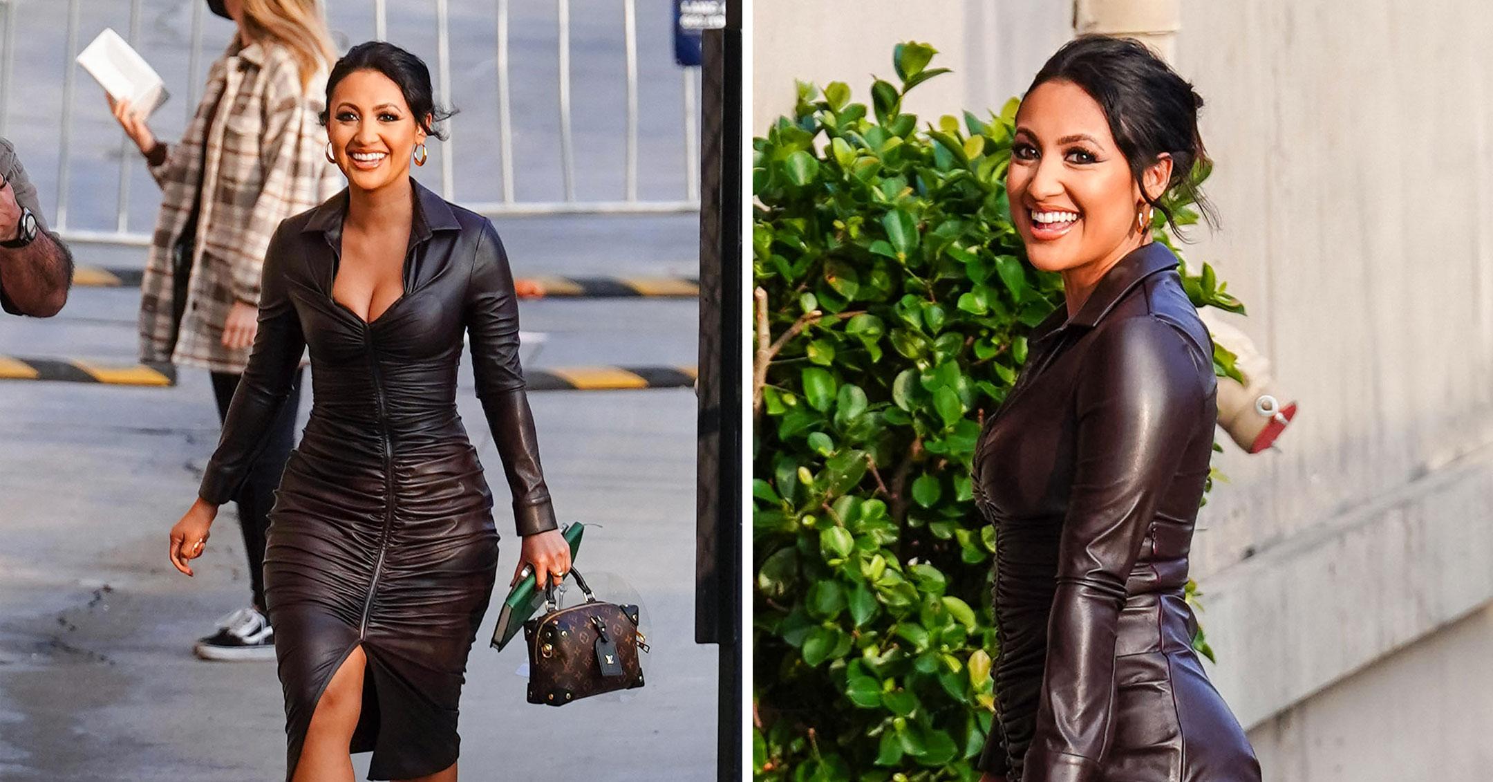Francia Raisa Goes Edgy in Leather Dress and Clear Heels for