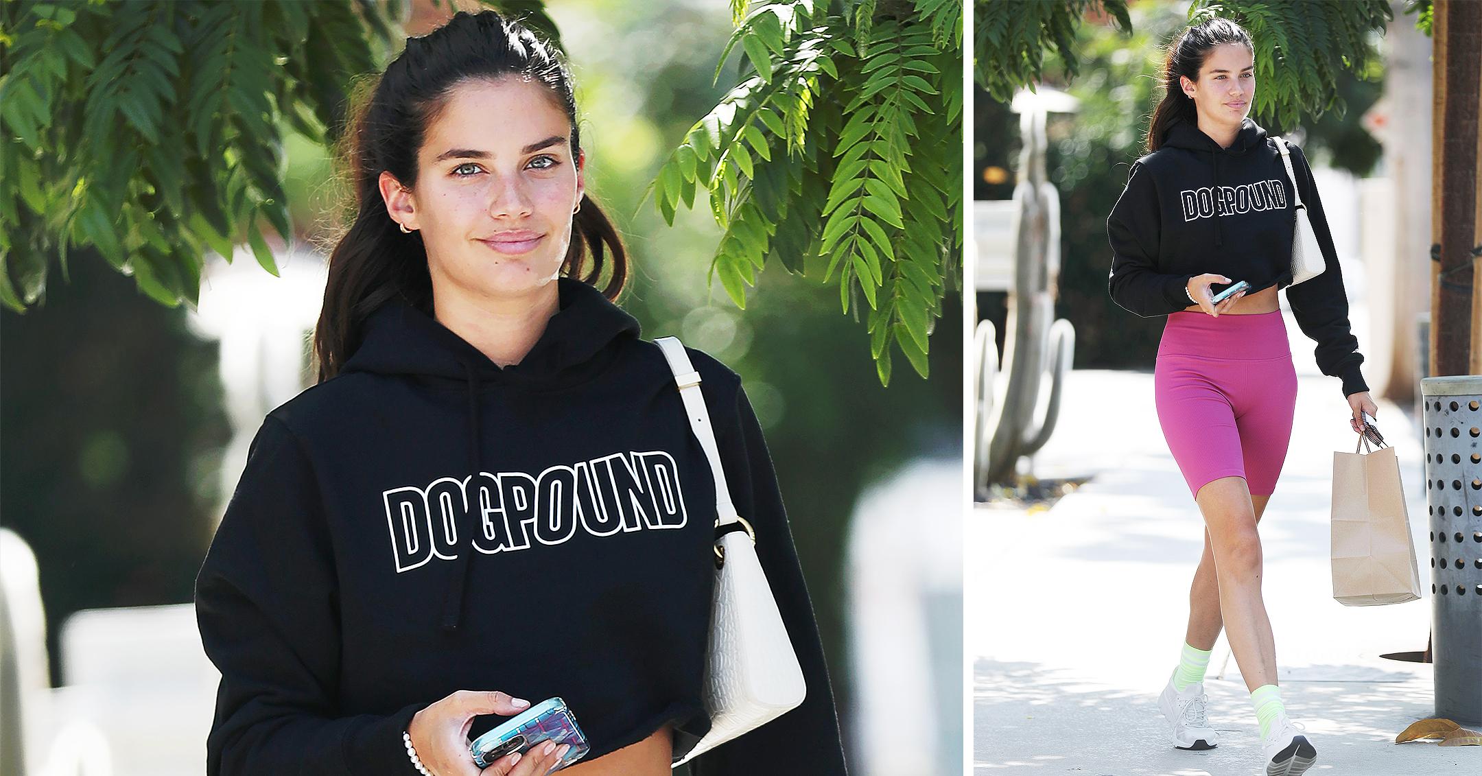 Sara Sampaio Wears Black Sweatshirt & Pink Shorts: Photos