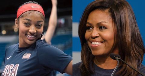 Angel Reese in a frame beside Michelle Obama