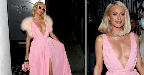 paris hilton in a bright pink dress outside craigs restaurant in la mh