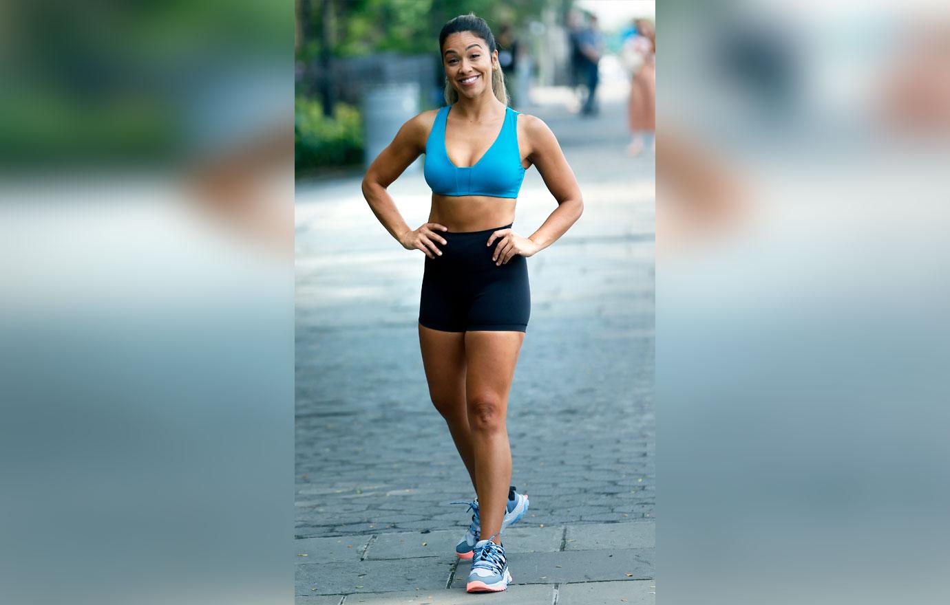 gina rodriguez seen filming a jogging scene with tom ellis for