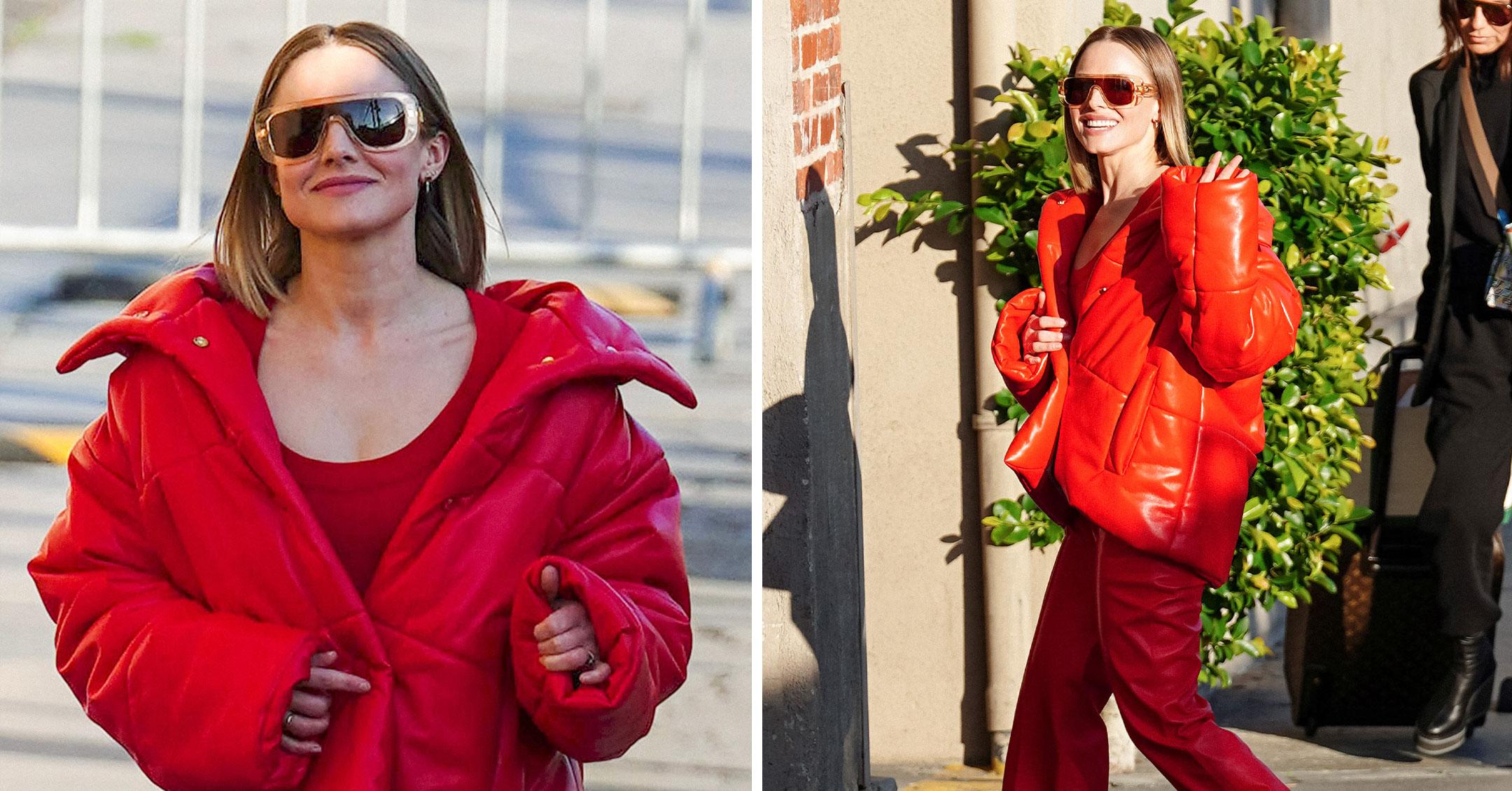 Kristen Bell Stands Out In Red Leather Coat & Matching Pants: Photos