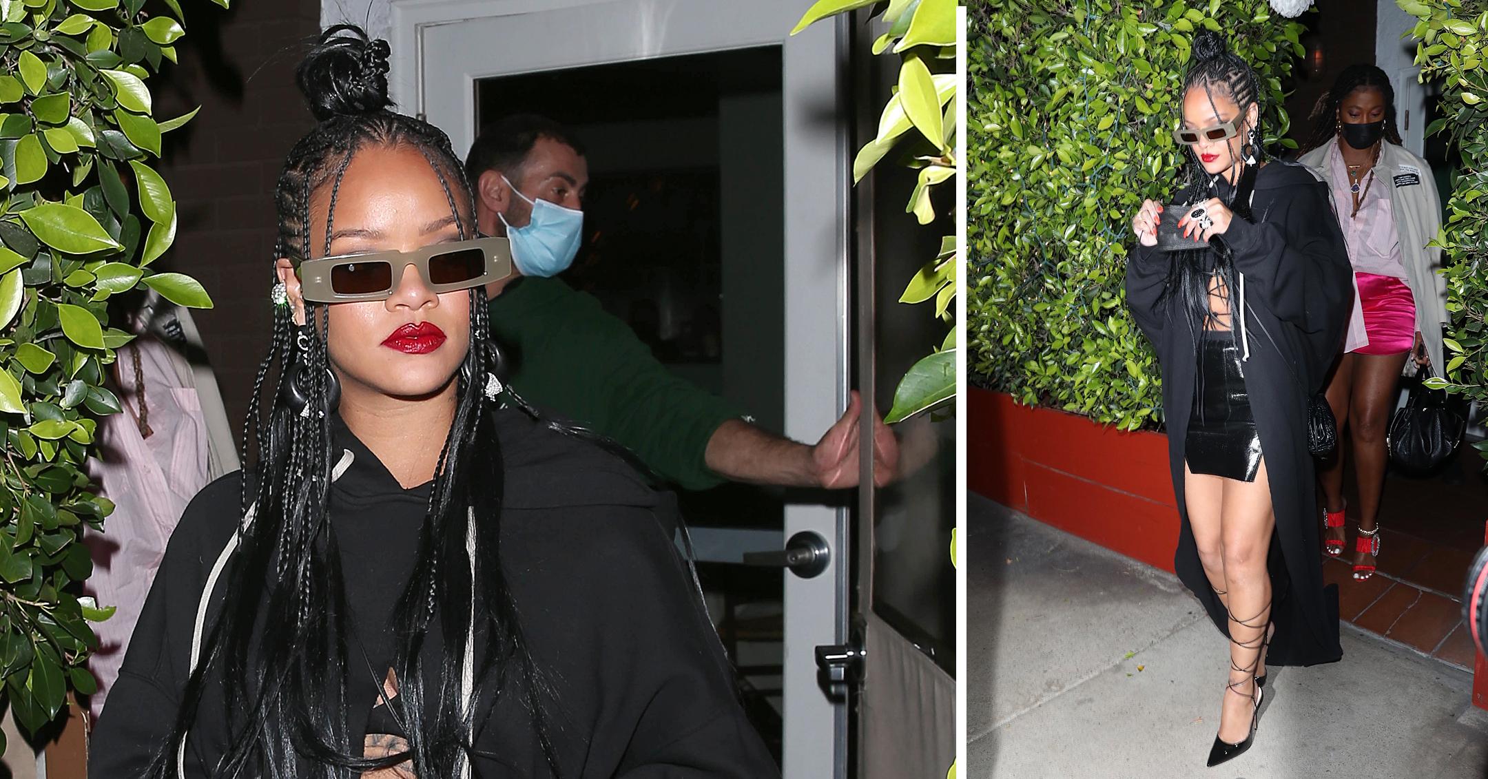 rihanna wearing short black mini skirt as she leaves dinner at giorgio baldi