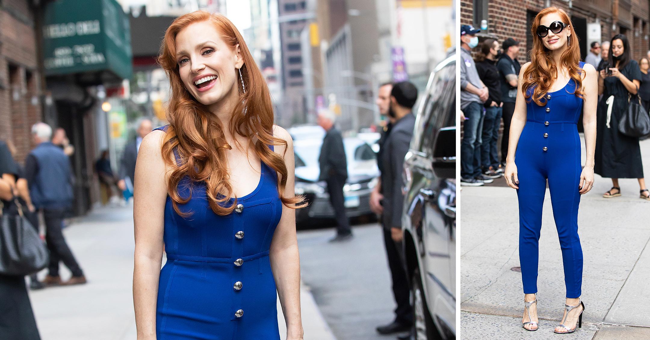 jessica chastain arrives to the late show