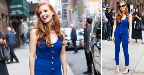jessica chastain arrives to the late show