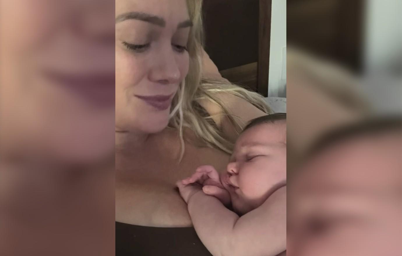 hilary duff cuddles baby girl townes month since birth photos