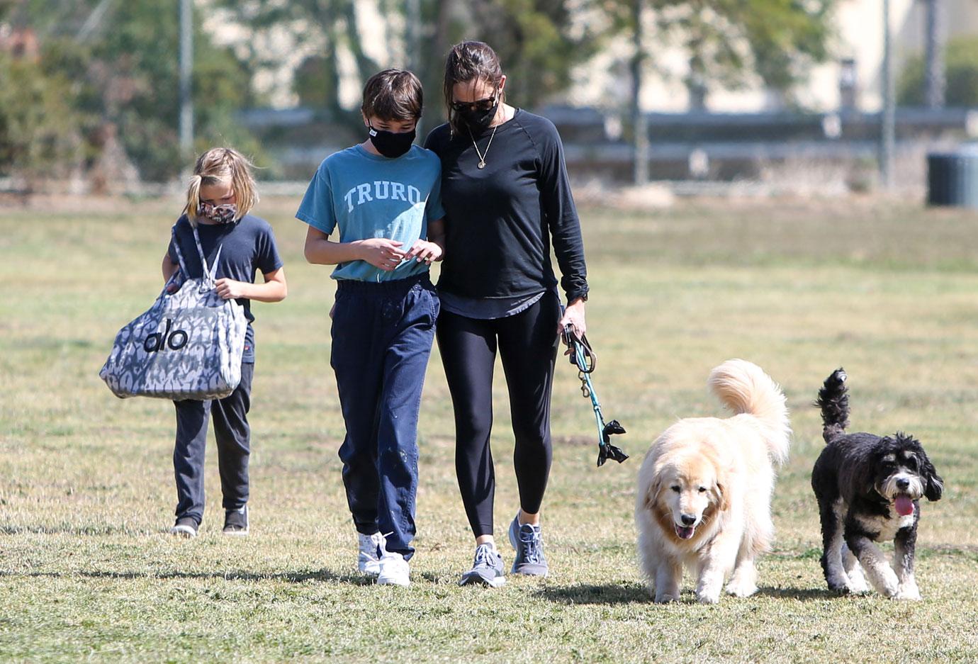 jennifer garner out for walk with kids and dogs