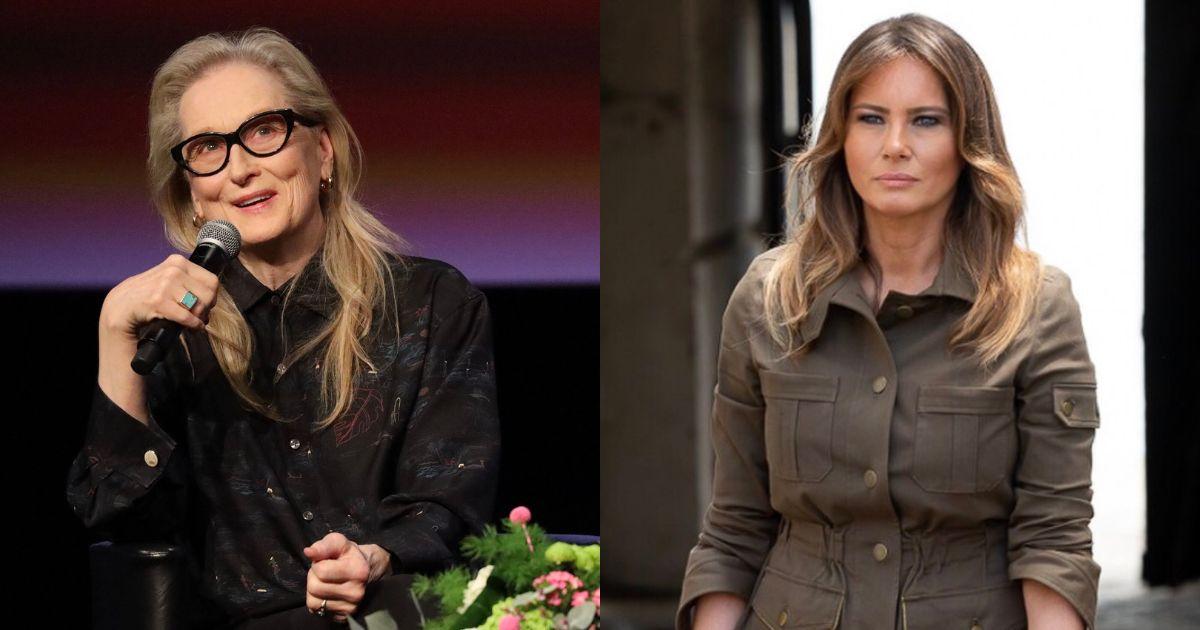 Meryl Streep speaking at an event and Melania Trump standing