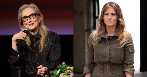 Meryl Streep speaking at an event and Melania Trump standing