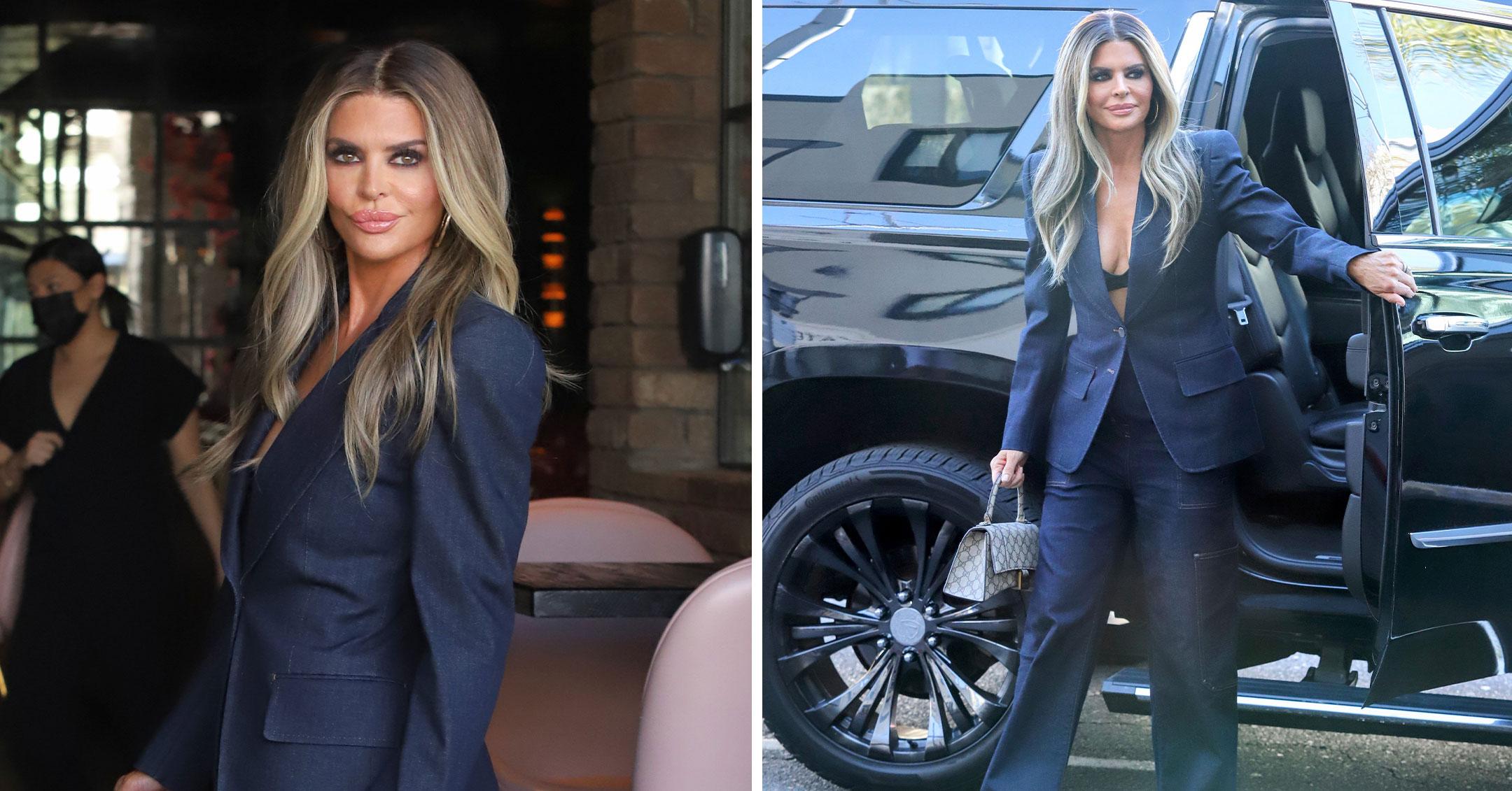 Lisa Rinna Wears Long Blonde Wig & A Blue Suit: Photos