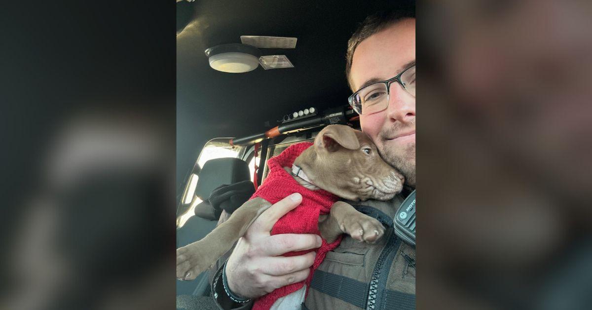 Image of Trooper Tom Steenstrup found puppy Tom at the scene of a car crash.