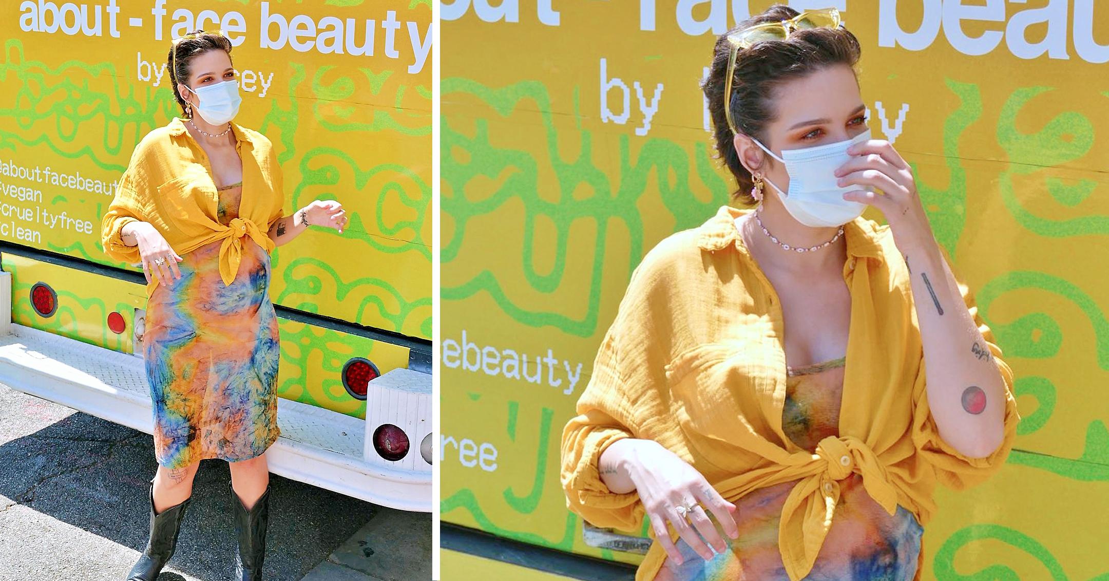 pregnant halsey greets fans at her about face beauty pop up