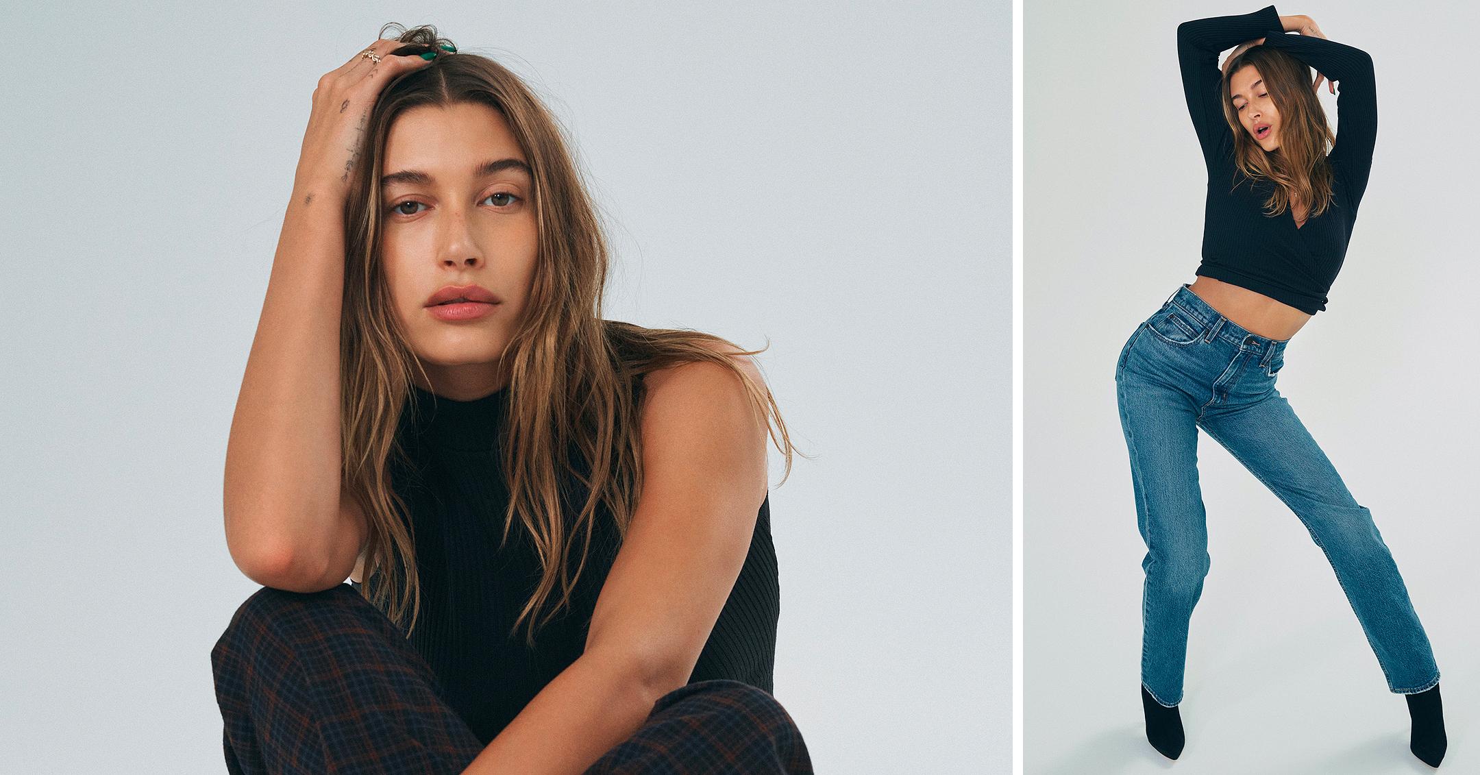 hailey bieber gets flexible for levis mh