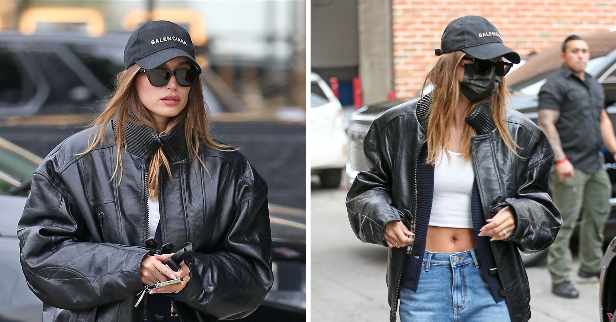 Hailey Baldwin Bieber looks trendy in a Louis Vuitton jacket while