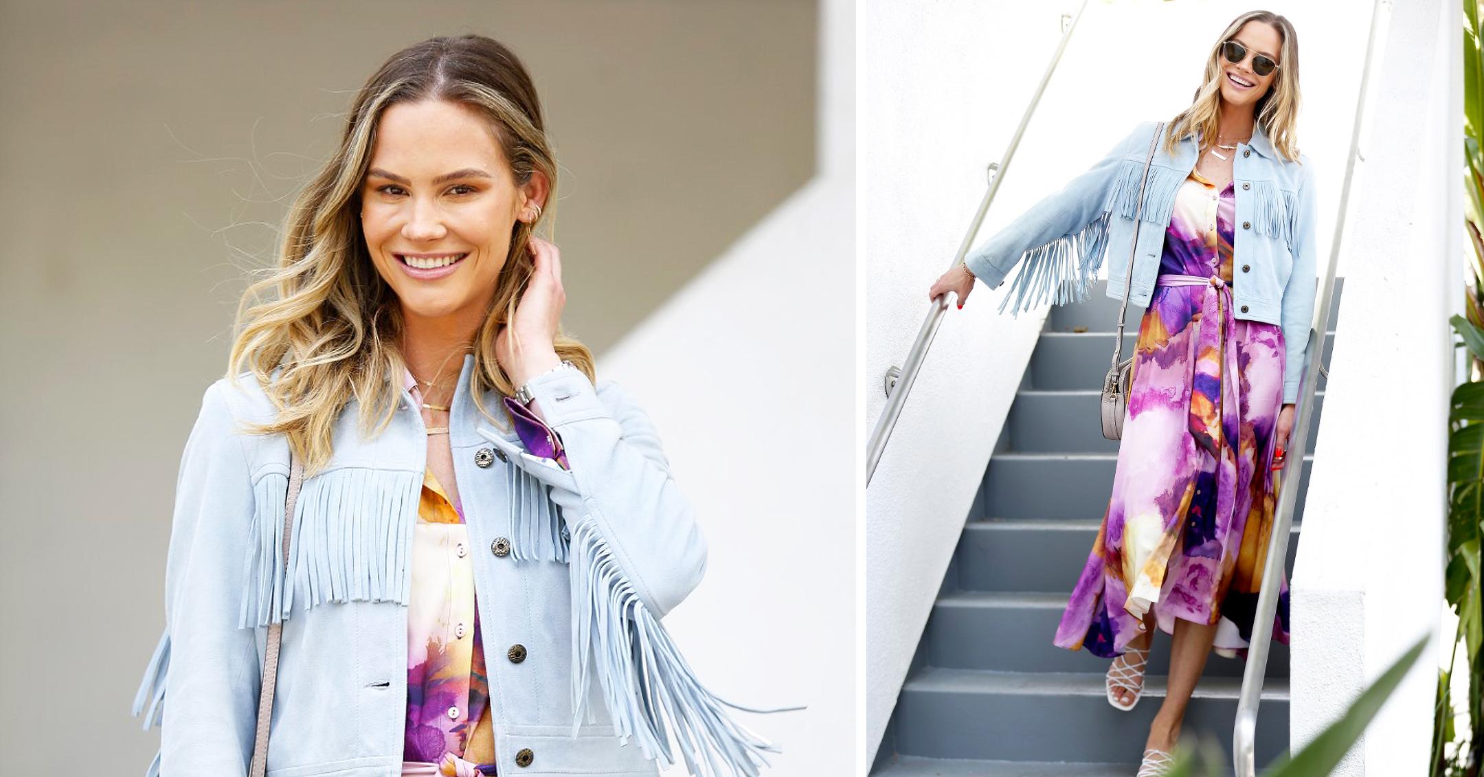 meghan king looks summer ready in a robert graham dress and suede fringe jacket and chinese laundry sandals as she leaves a meeting in los angeles