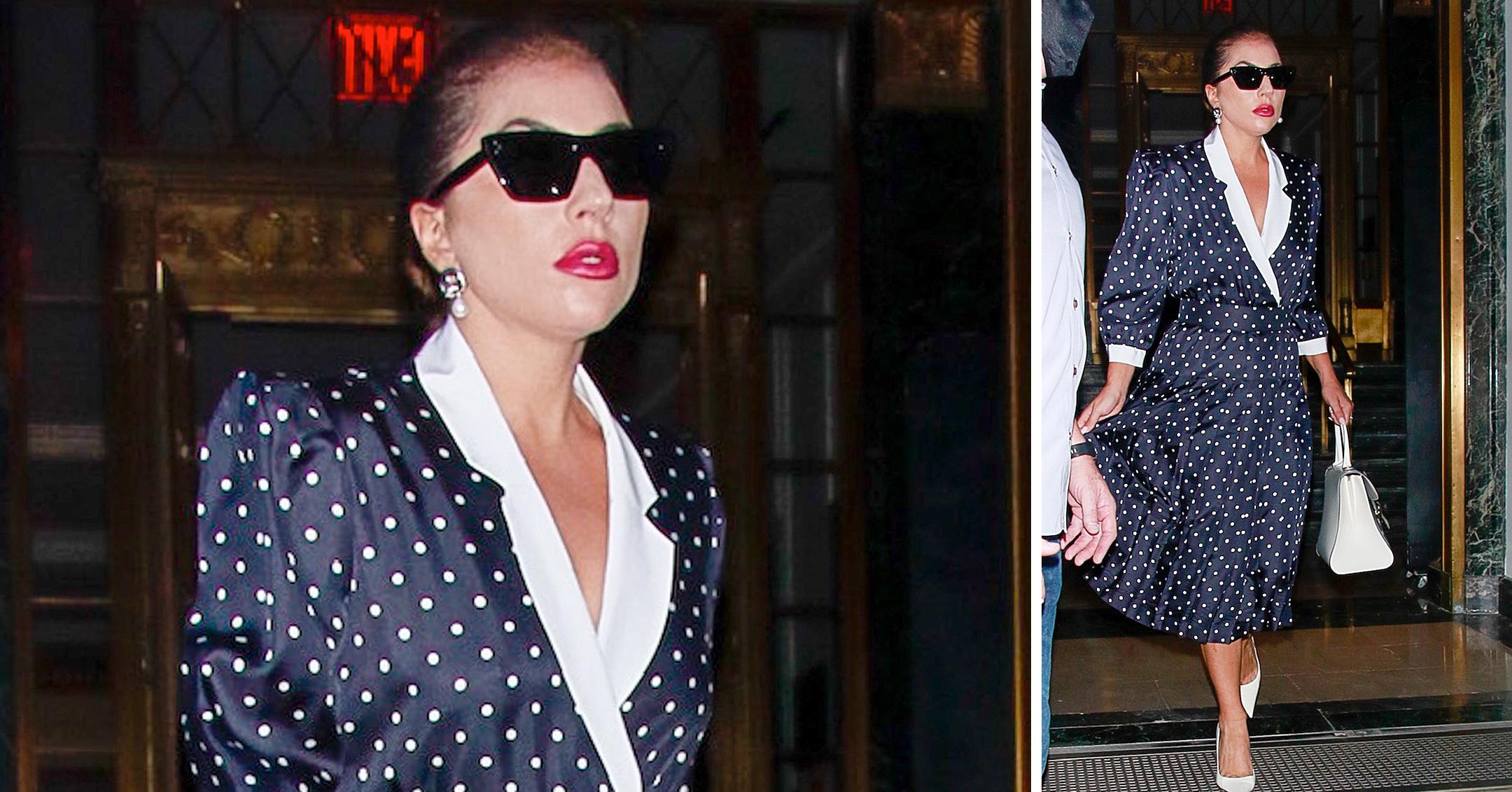 lady gaga leaves nyc hotel in polka dot dress