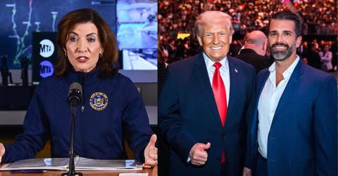 Kathy Hochul; Donald Trump and his son Donald Trump Jr.